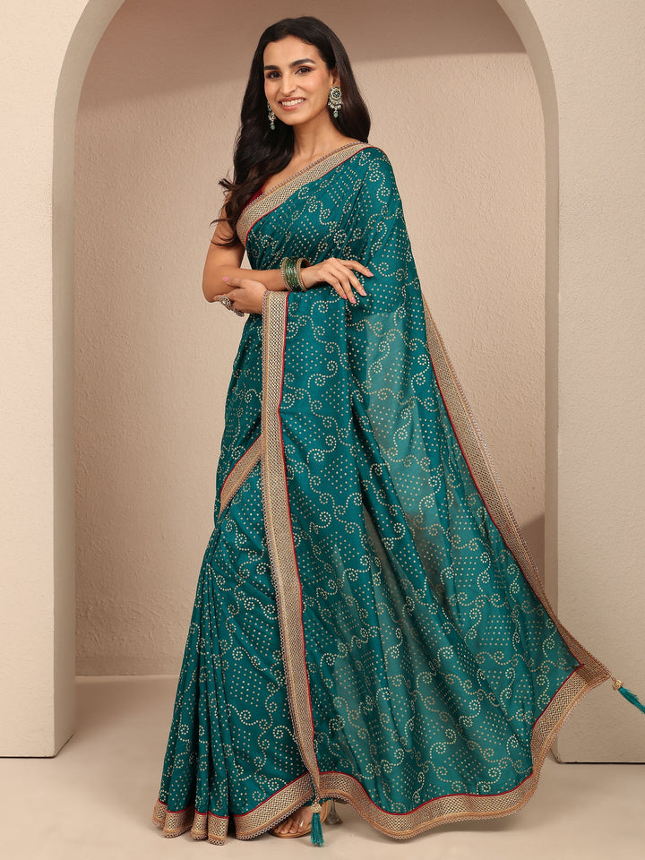 Blue Bandhani Printed Silk Blend Saree With Unstitched Blouse Piece
