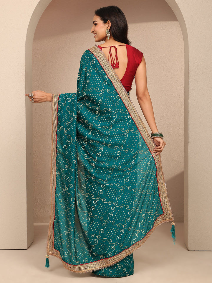 Blue Bandhani Printed Silk Blend Saree With Unstitched Blouse Piece