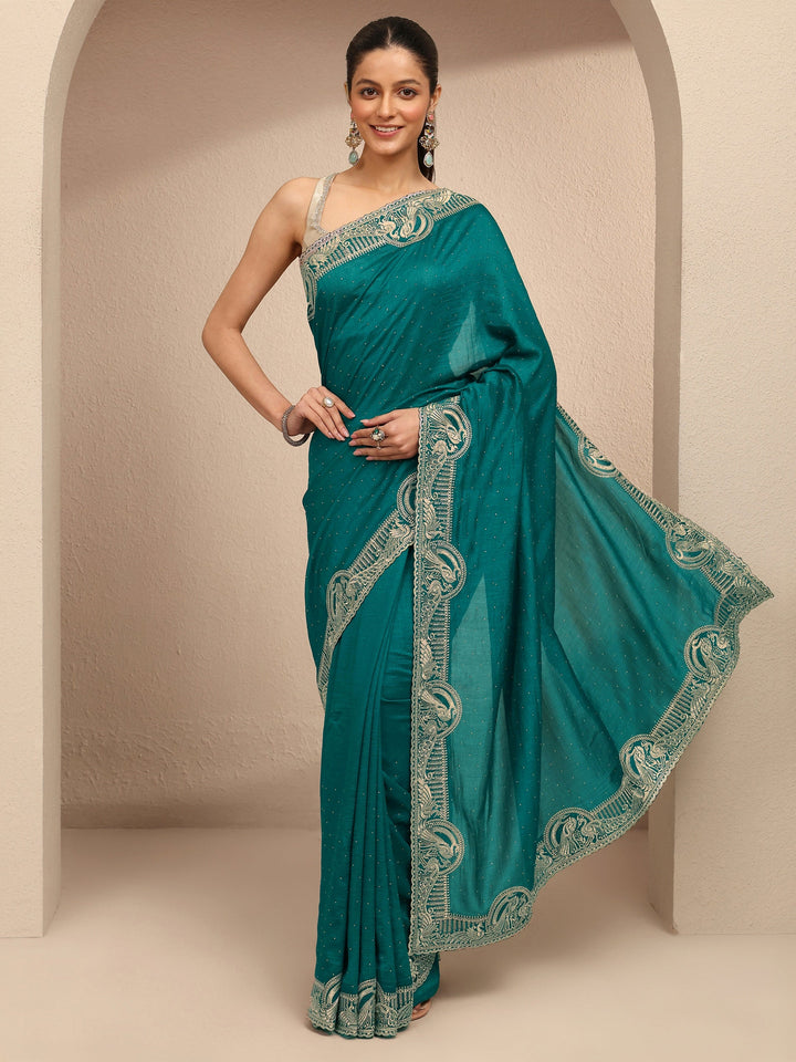 Green Embellished Silk Blend Saree With Unstitched Blouse Piece