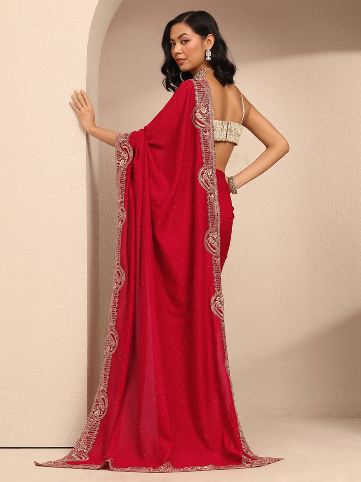 Red Embellished Silk Blend Saree With Unstitched Blouse Piece