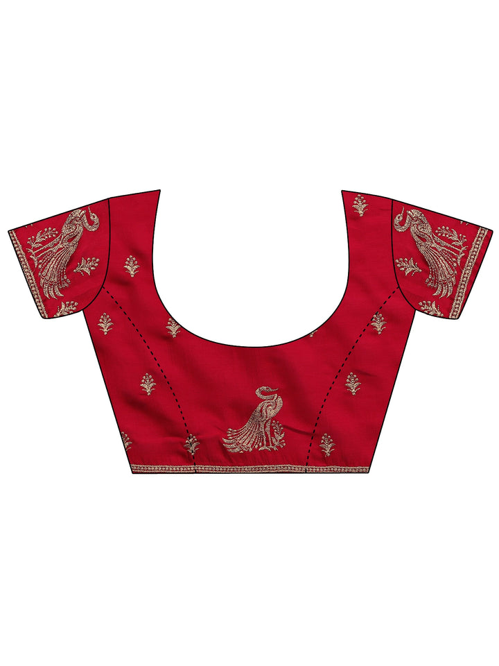 Red Embellished Silk Blend Saree With Unstitched Blouse Piece