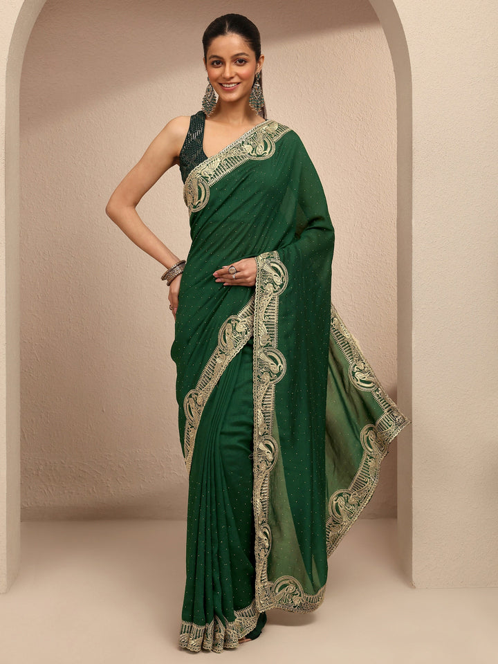 Green Embellished Silk Blend Saree With Unstitched Blouse Piece