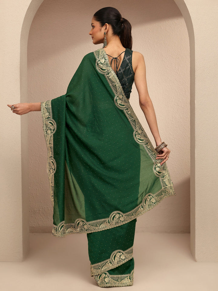 Green Embellished Silk Blend Saree With Unstitched Blouse Piece