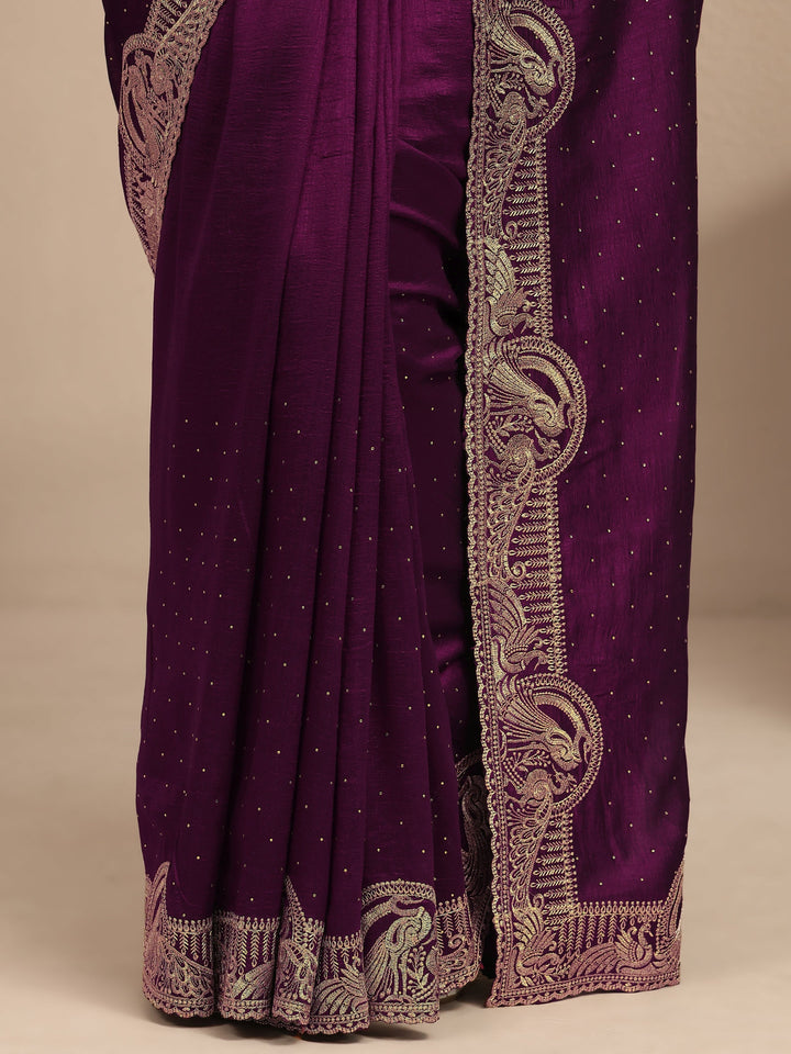 Purple Embellished Silk Blend Saree With Unstitched Blouse Piece