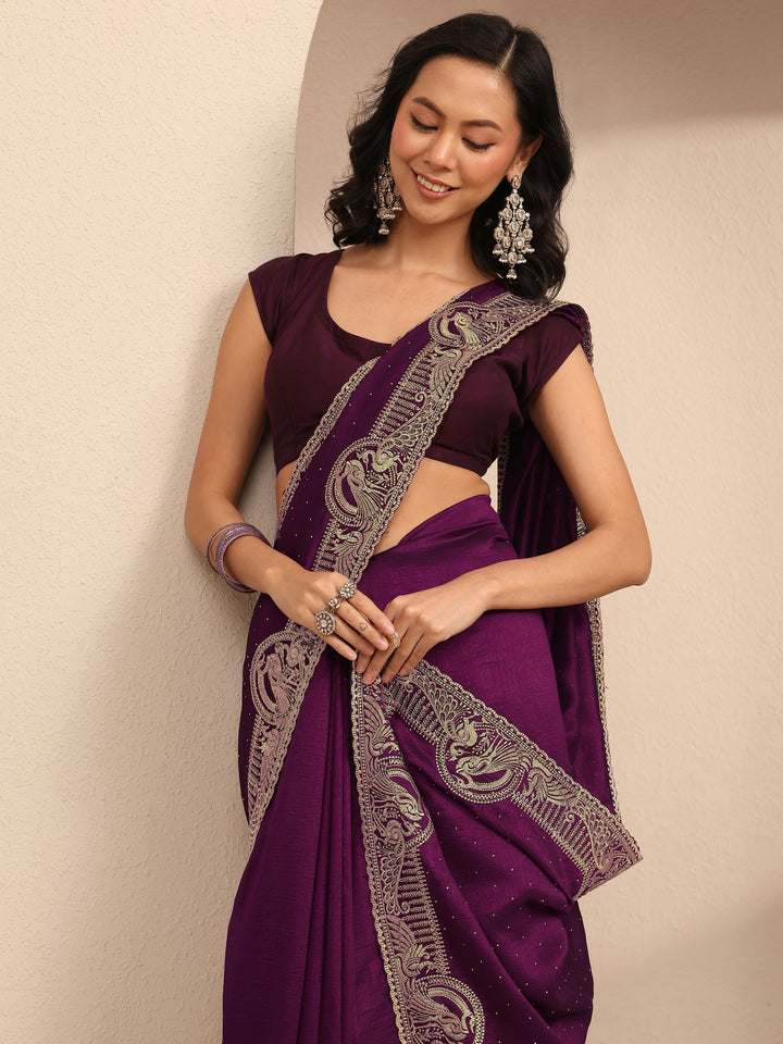 Purple Embellished Silk Blend Saree With Unstitched Blouse Piece