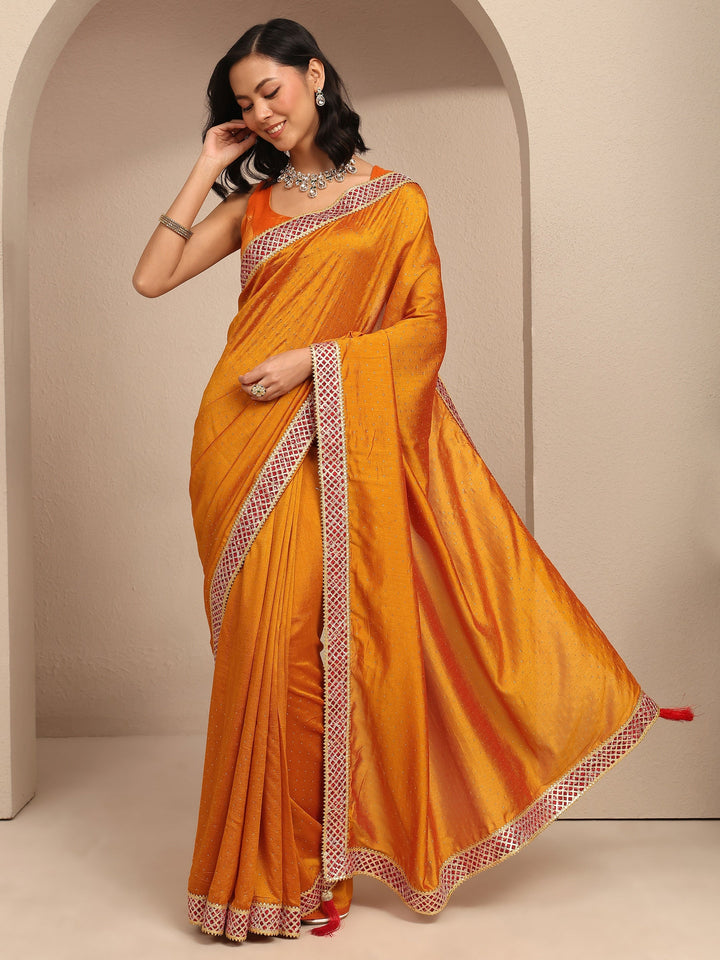 Mustard Embellished Silk Blend Saree With Unstitched Blouse Piece