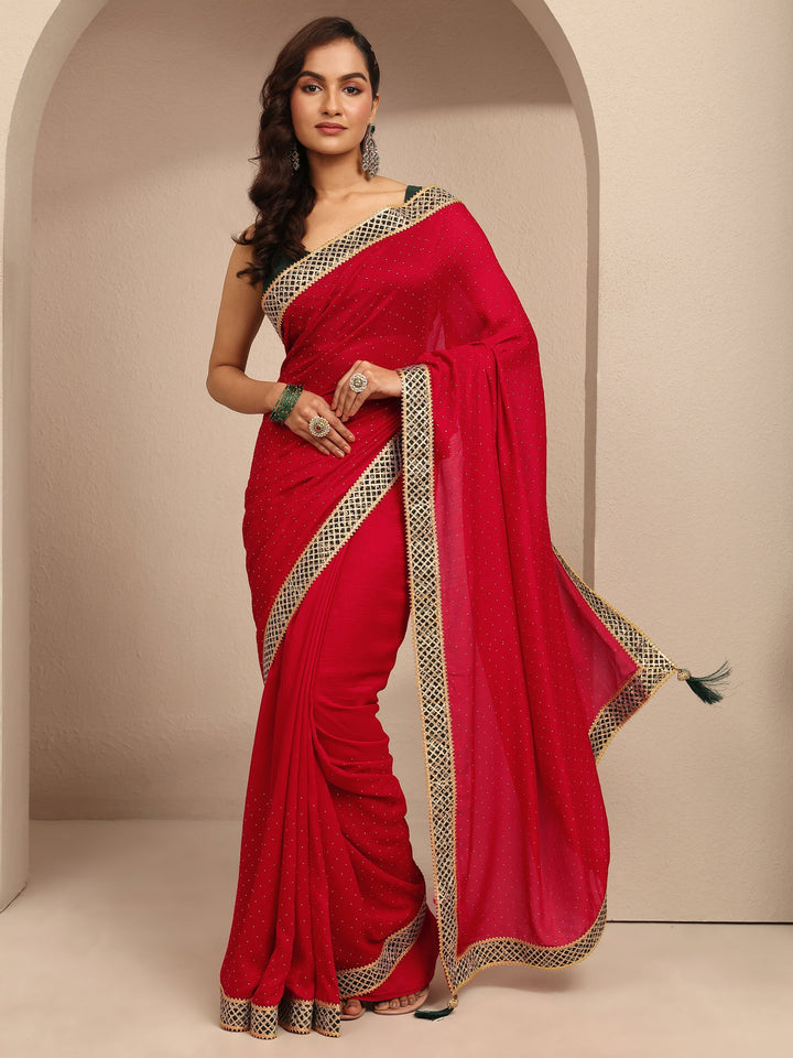 Red Embellished Silk Blend Saree With Unstitched Blouse Piece