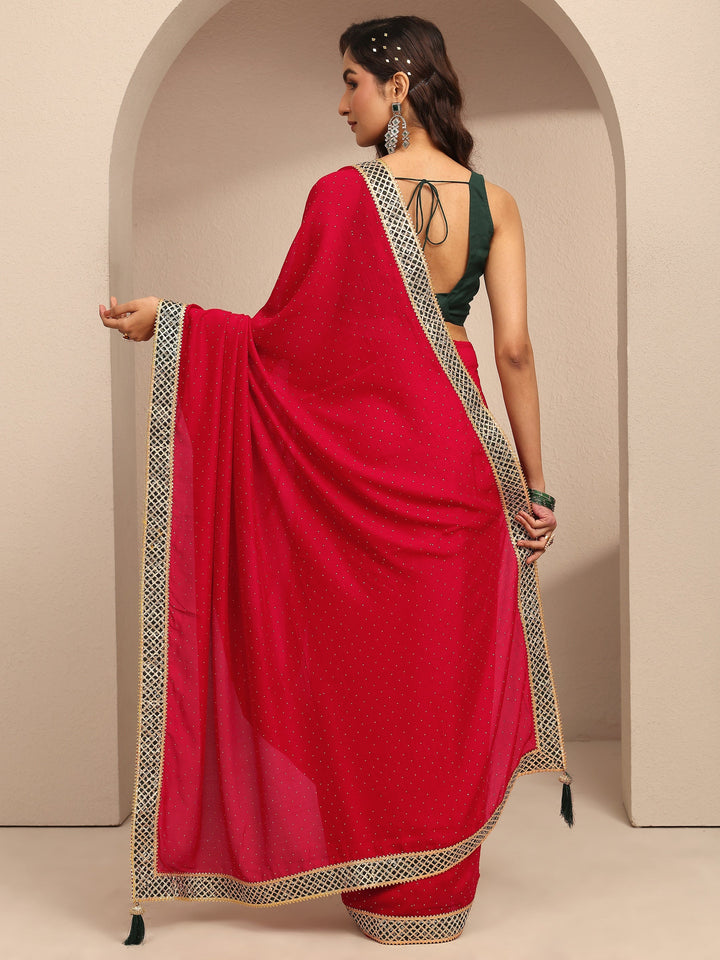 Red Embellished Silk Blend Saree With Unstitched Blouse Piece
