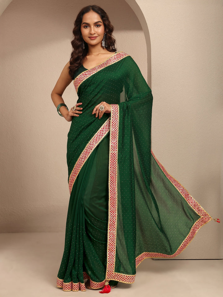 Green Embellished Silk Blend Saree With Unstitched Blouse Piece