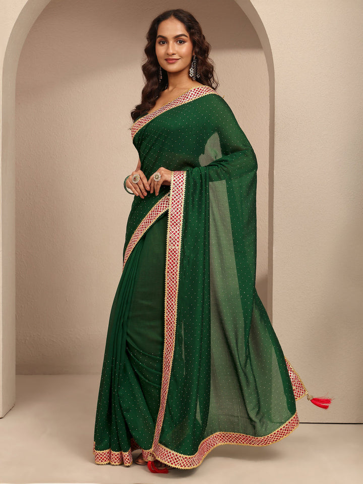 Green Embellished Silk Blend Saree With Unstitched Blouse Piece