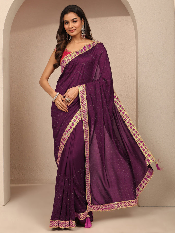 Burgundy Embellished Silk Blend Saree With Unstitched Blouse Piece
