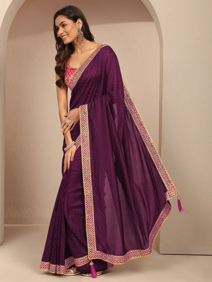 Burgundy Embellished Silk Blend Saree With Unstitched Blouse Piece