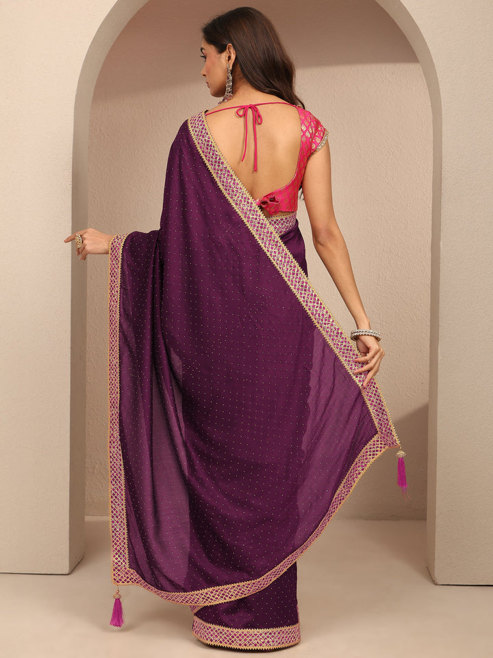 Burgundy Embellished Silk Blend Saree With Unstitched Blouse Piece