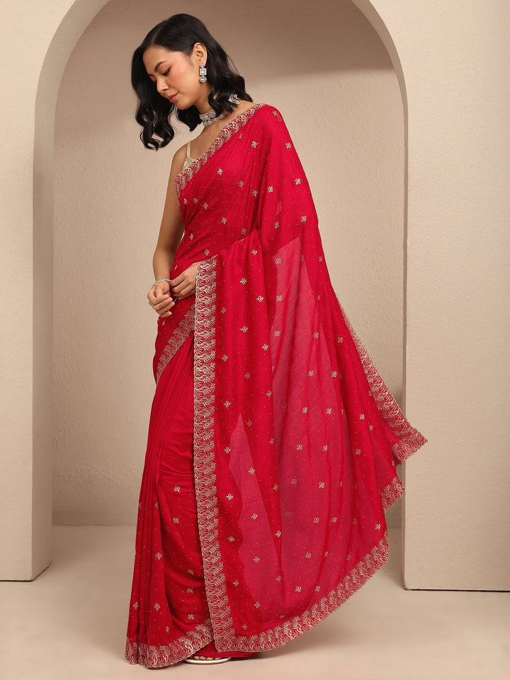 Red Embroidered Silk Blend Saree With Unstitched Blouse Piece