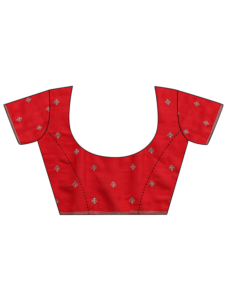 Red Embroidered Silk Blend Saree With Unstitched Blouse Piece