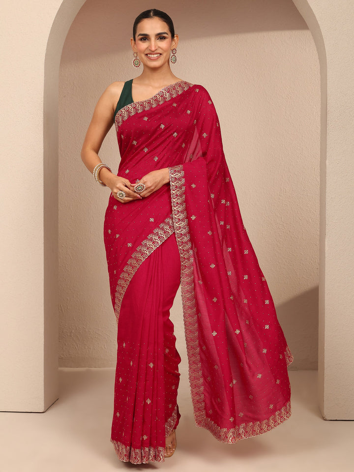 Pink Embroidered Silk Blend Saree With Unstitched Blouse Piece
