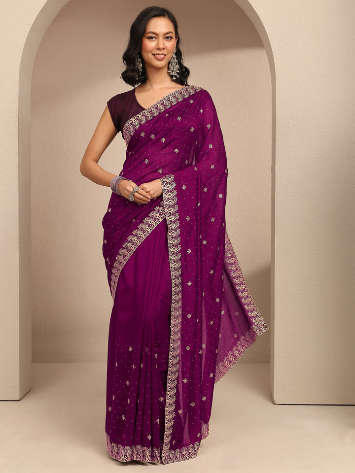 Purple Embroidered Silk Blend Saree With Unstitched Blouse Piece