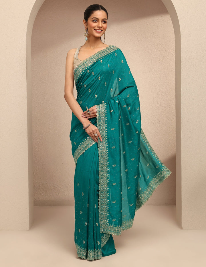 Green Paisley Embroidered Silk Blend Saree With Unstitched Blouse Piece