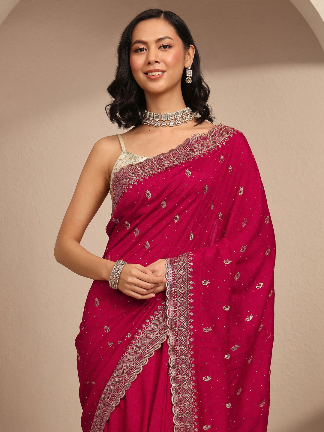 Pink Paisley Embroidered Silk Blend Saree With Unstitched Blouse Piece