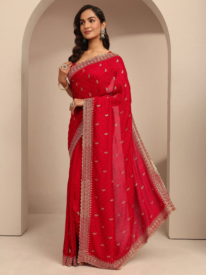 Red Paisley Embroidered Silk Blend Saree With Unstitched Blouse Piece