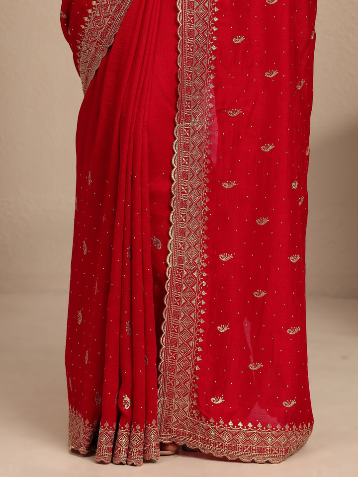 Red Paisley Embroidered Silk Blend Saree With Unstitched Blouse Piece