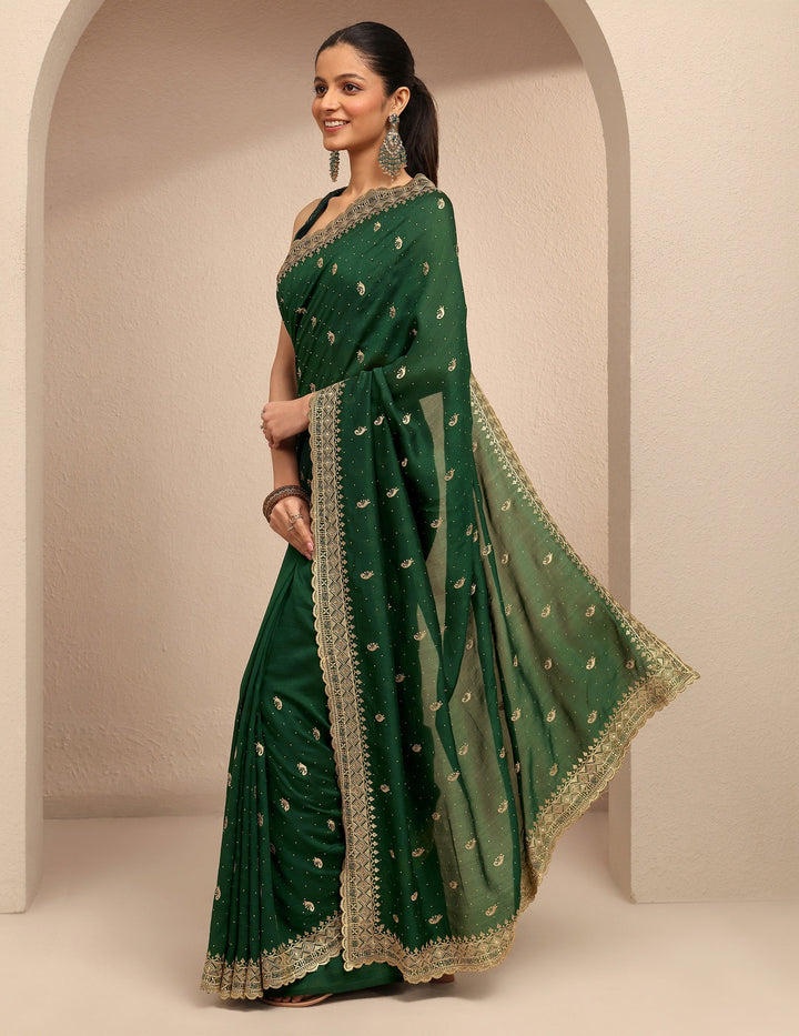 Green Paisley Embroidered Silk Blend Saree With Unstitched Blouse Piece