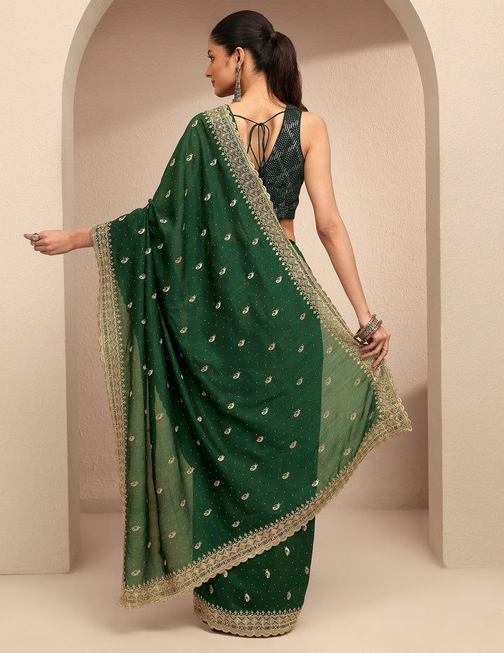 Green Paisley Embroidered Silk Blend Saree With Unstitched Blouse Piece