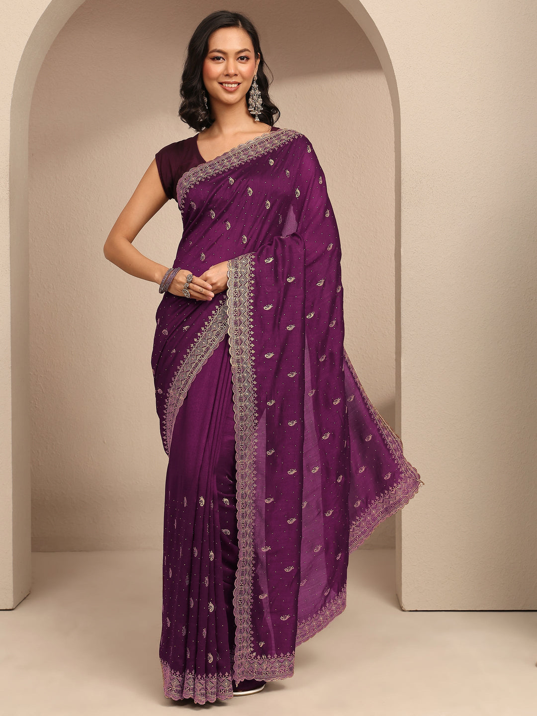 Burgundy Paisley Embroidered Silk Blend Saree With Unstitched Blouse Piece