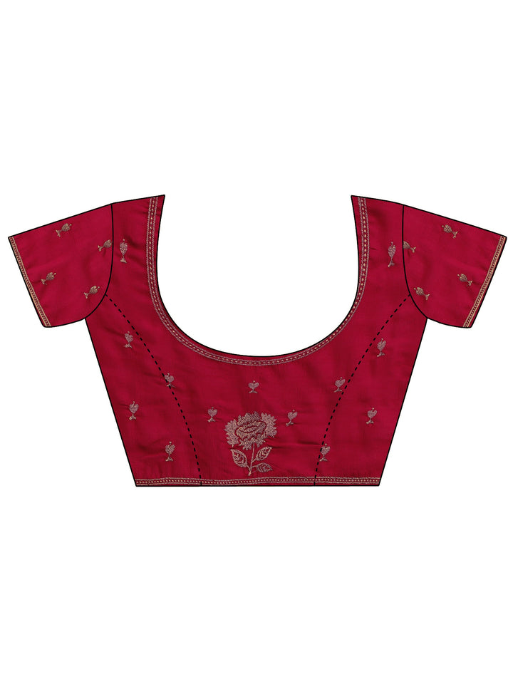 Red Embroidered Silk Blend Saree With Unstitched Blouse Piece