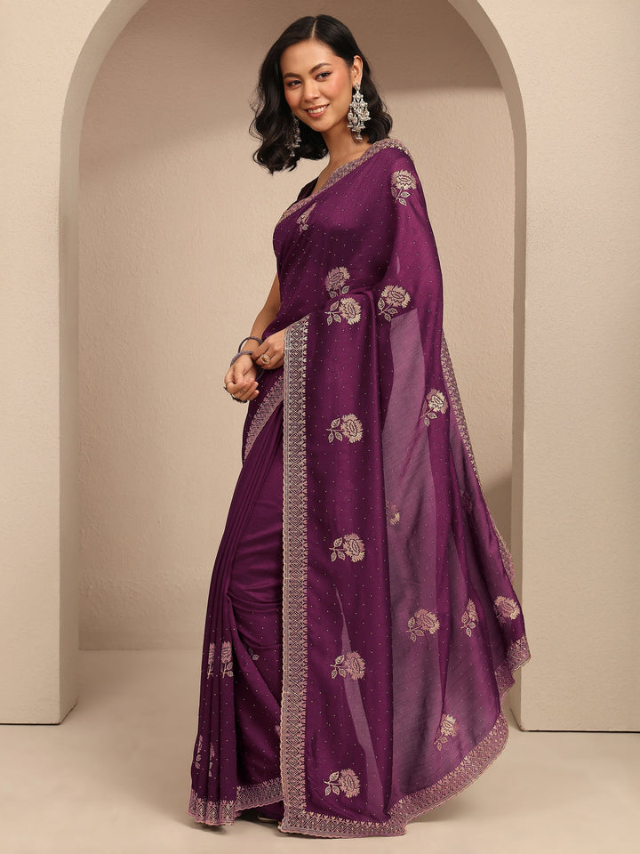 Burgundy Embroidered Silk Blend Saree With Unstitched Blouse Piece