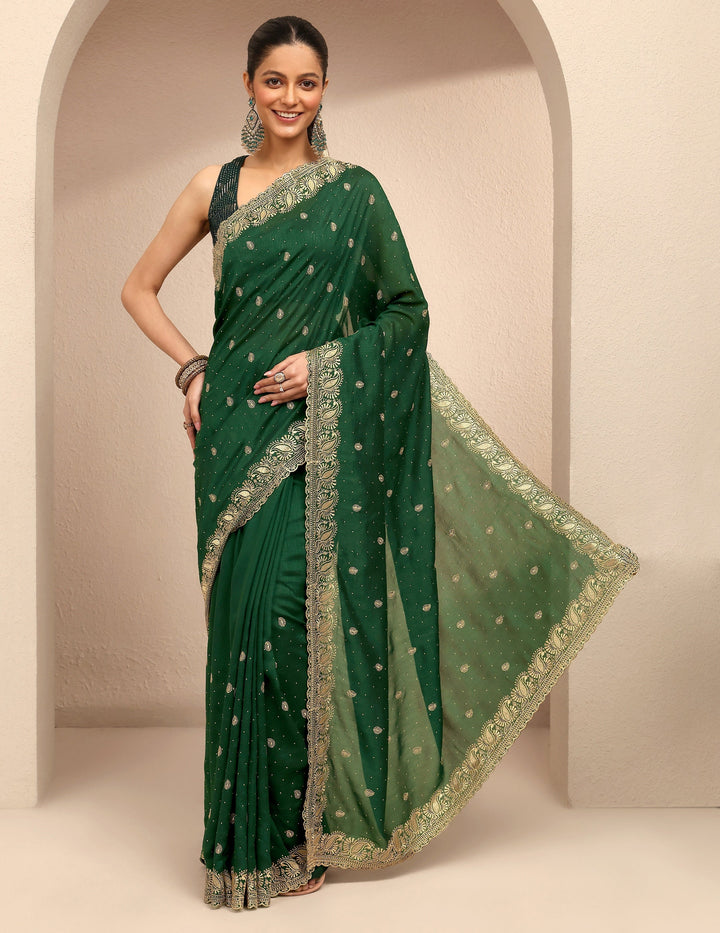 Green Embroidered Silk Blend Saree With Unstitched Blouse Piece