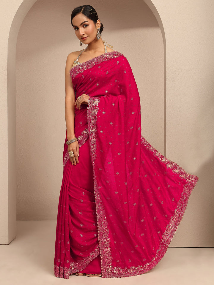 Red Embroidered Silk Blend Saree With Unstitched Blouse Piece