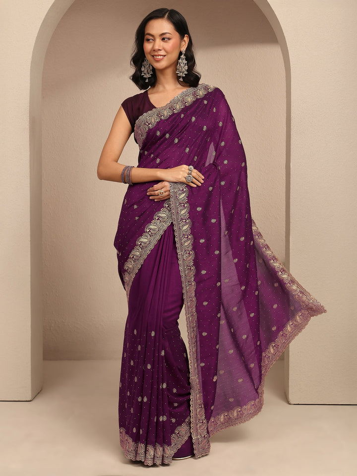 Burgundy Embroidered Silk Blend Saree With Unstitched Blouse Piece
