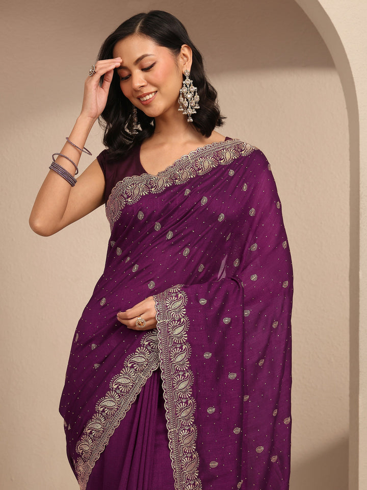 Burgundy Embroidered Silk Blend Saree With Unstitched Blouse Piece