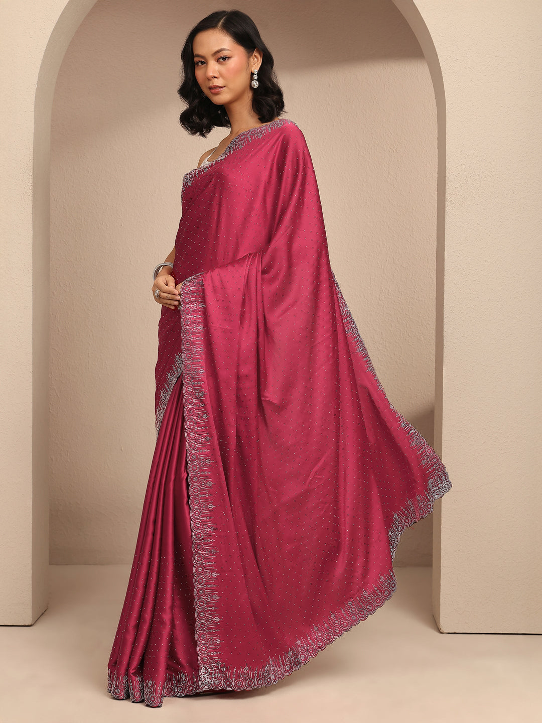 Maroon Embellished Silk Blend Saree With Unstitched Blouse Piece