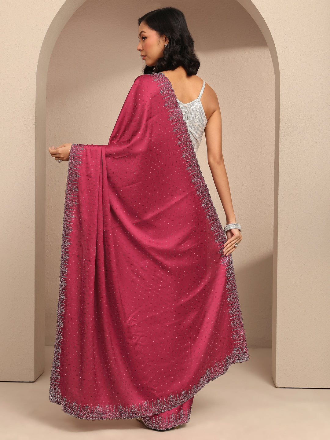 Maroon Embellished Silk Blend Saree With Unstitched Blouse Piece