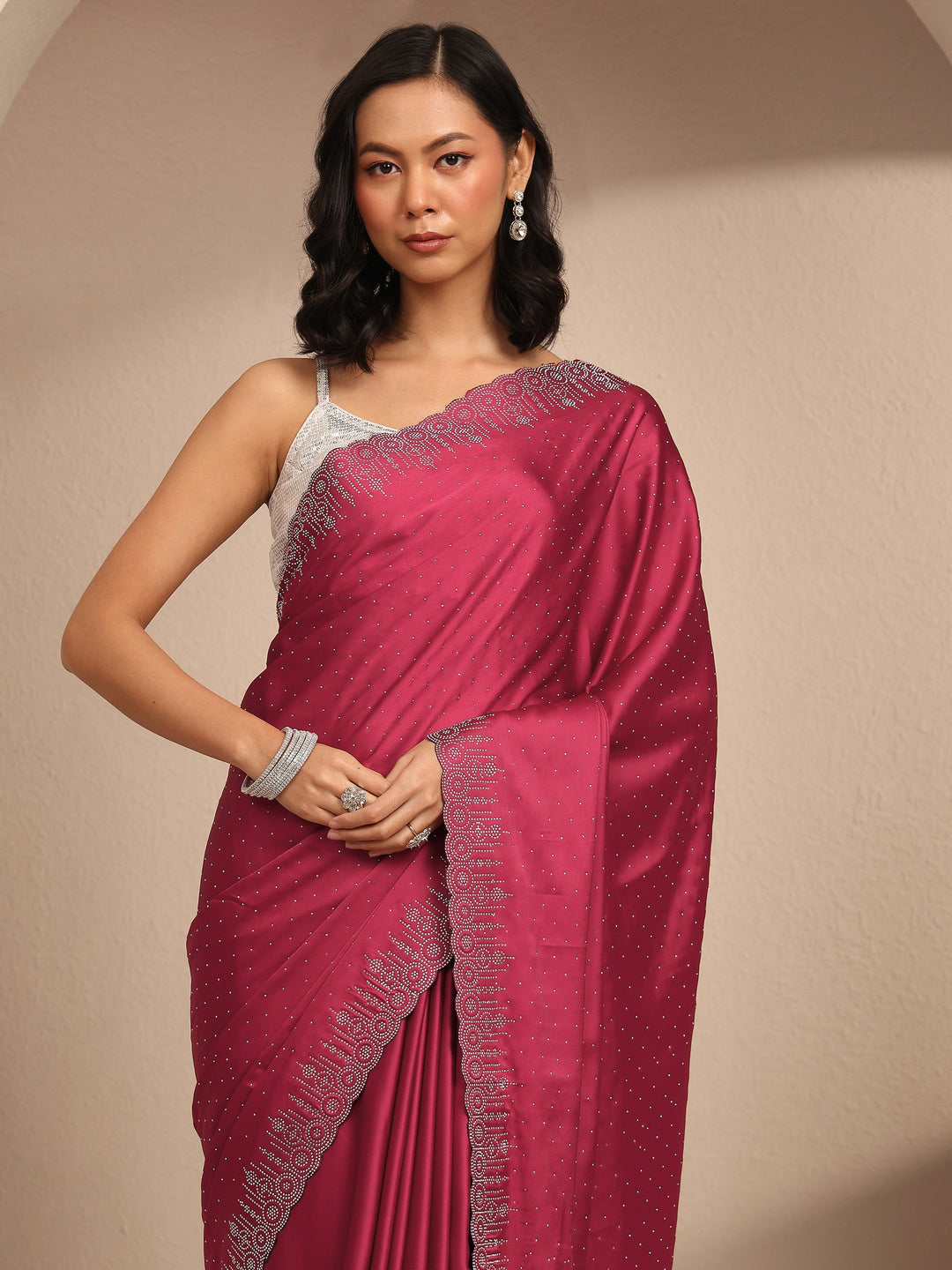 Maroon Embellished Silk Blend Saree With Unstitched Blouse Piece