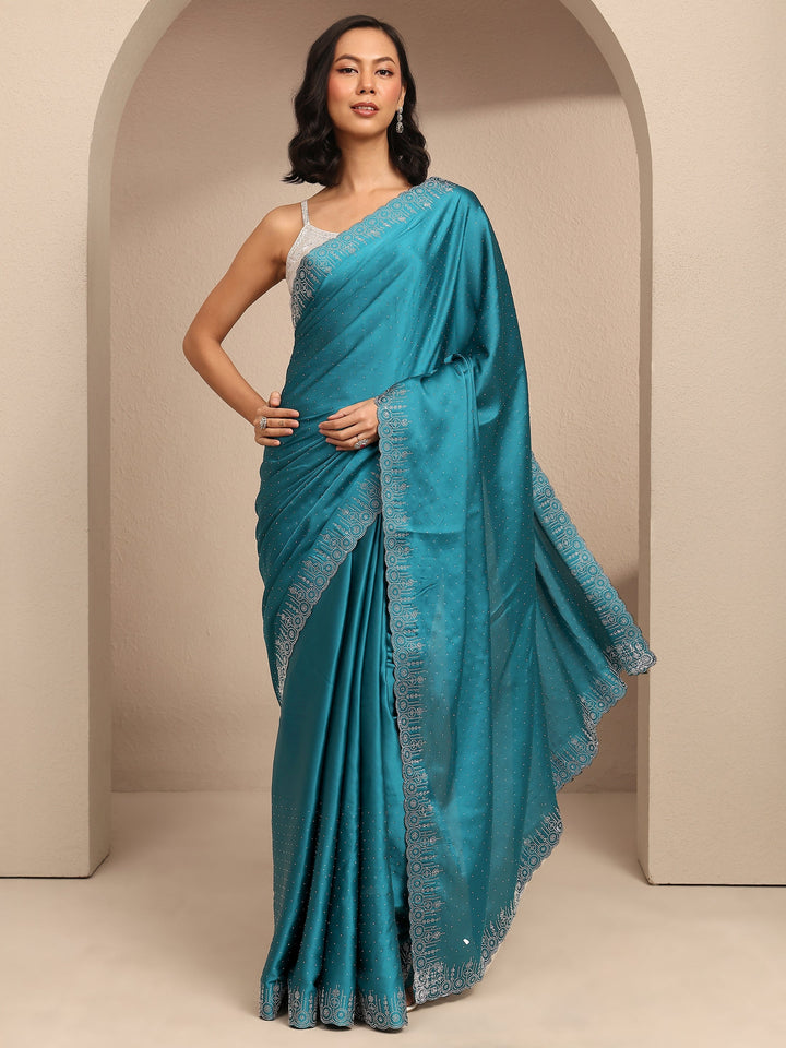 Blue Embellished Silk Blend Saree With Unstitched Blouse Piece