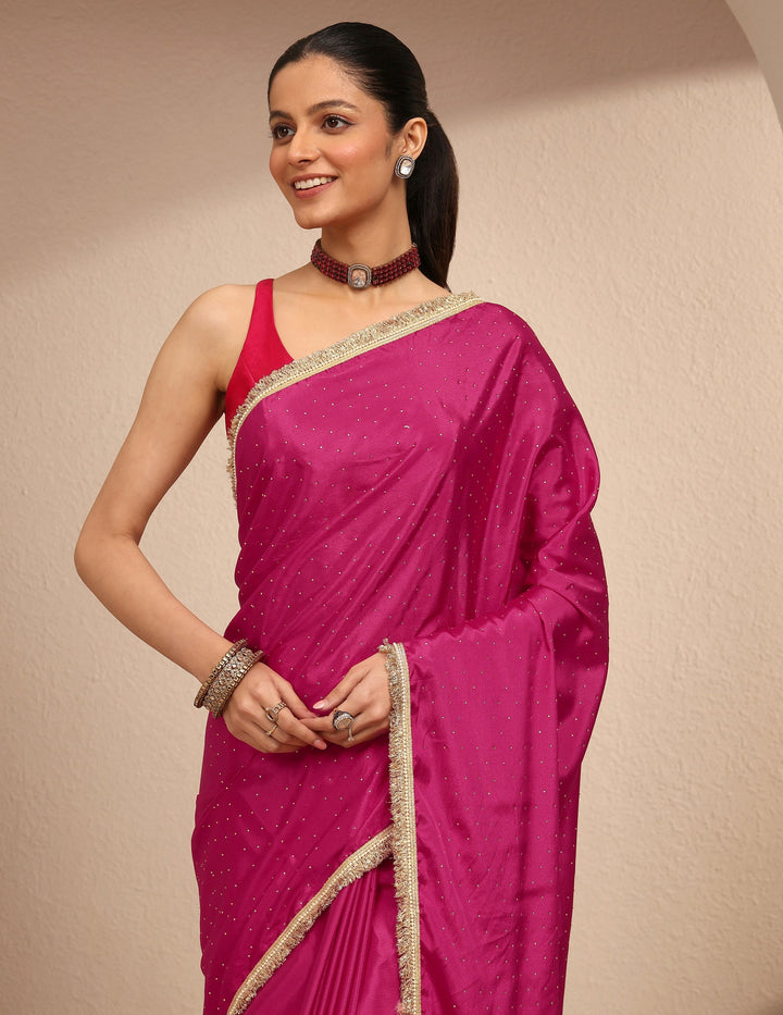 Pink Embellished Silk Blend Saree With Unstitched Blouse Piece