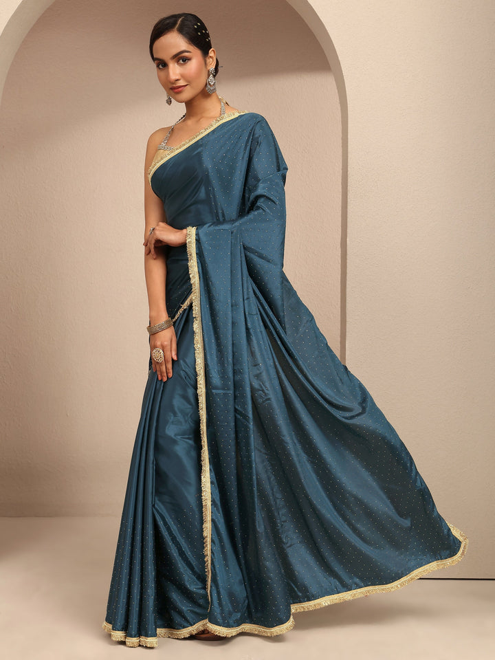 Navy Blue Embellished Silk Blend Saree With Unstitched Blouse Piece