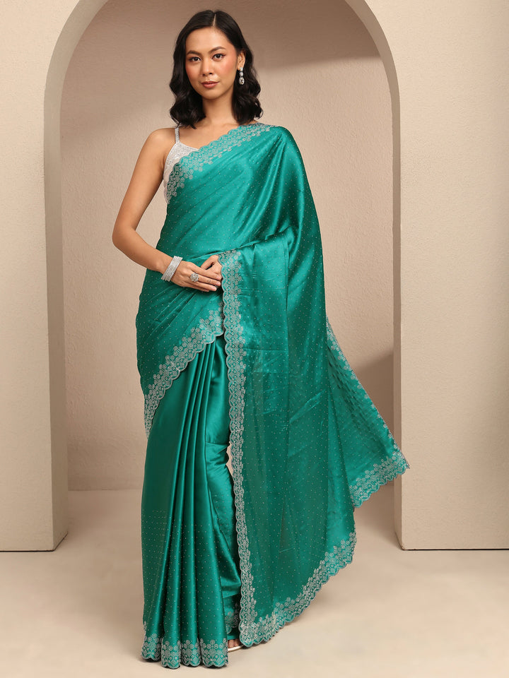 Green Embellished Silk Blend Saree With Unstitched Blouse Piece