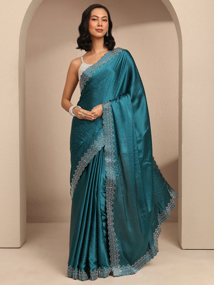 Blue Embellished Silk Blend Saree With Unstitched Blouse Piece