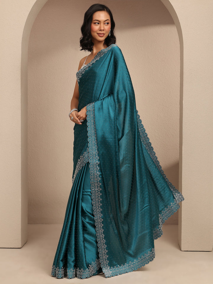 Blue Embellished Silk Blend Saree With Unstitched Blouse Piece