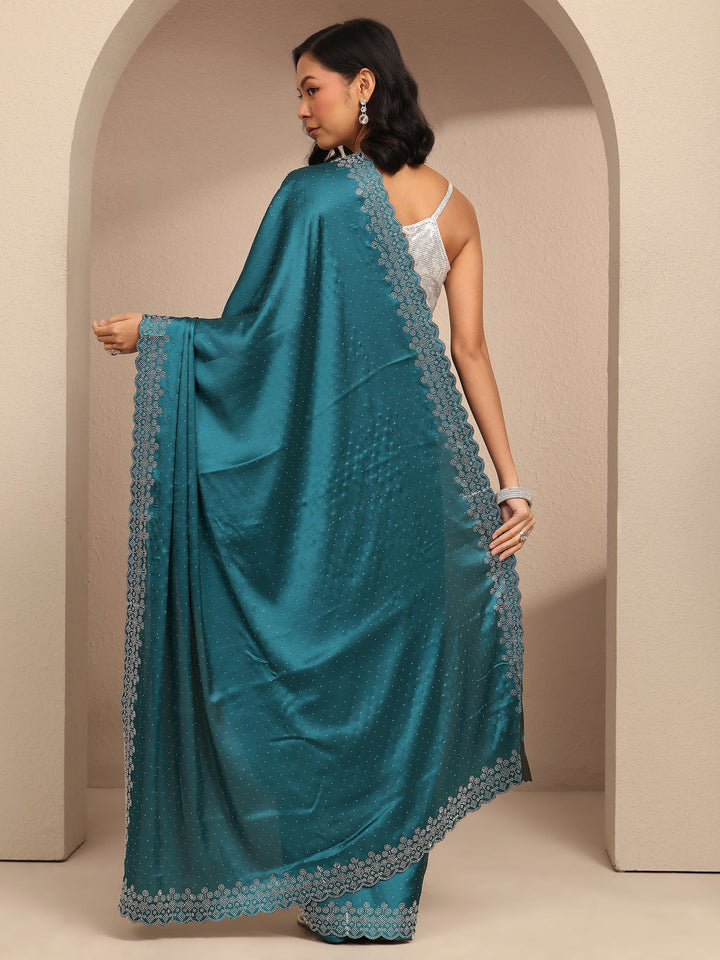Blue Embellished Silk Blend Saree With Unstitched Blouse Piece