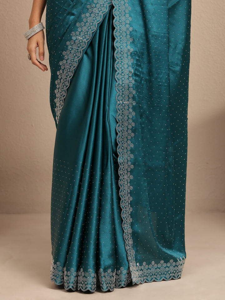Blue Embellished Silk Blend Saree With Unstitched Blouse Piece