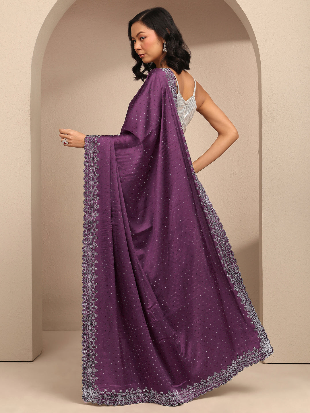 Burgundy Embellished Silk Blend Saree With Unstitched Blouse Piece