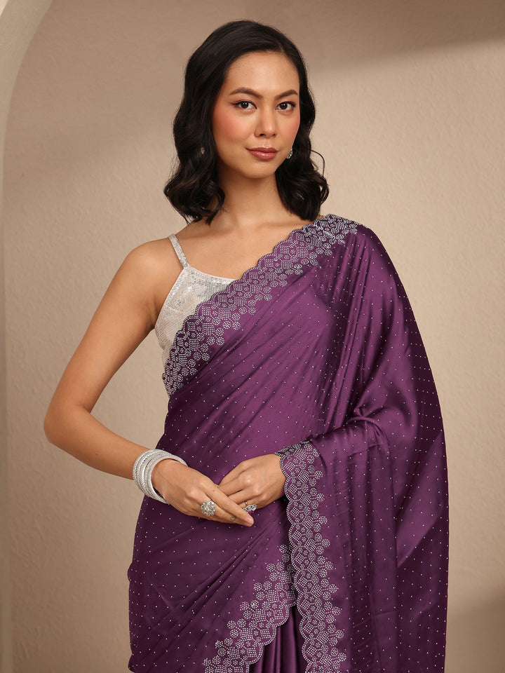 Burgundy Embellished Silk Blend Saree With Unstitched Blouse Piece