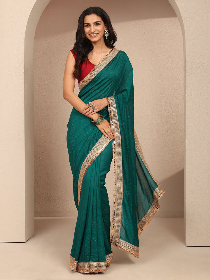 Green Embellished Silk Blend Saree With Unstitched Blouse Piece
