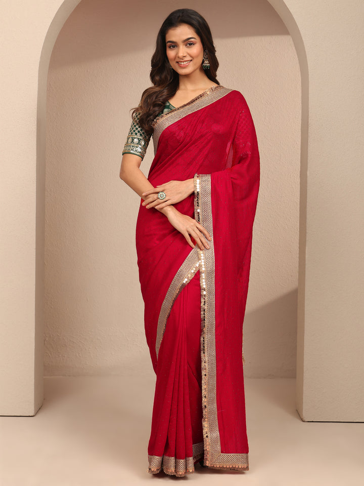 Libas Red Embellished Silk Blend Saree With Unstitched Blouse Piece