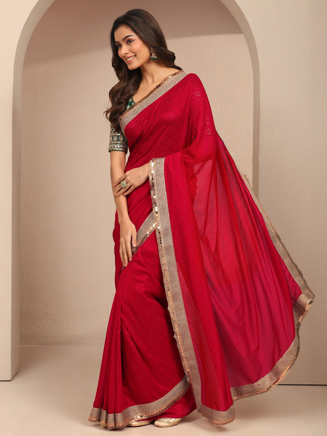 Libas Red Embellished Silk Blend Saree With Unstitched Blouse Piece